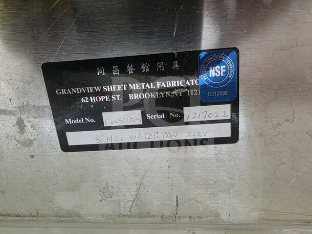 Grandview 8' stainless steel hot water pan. Model: Custom, Serial: 1217022, 208V. NSF certified, label shows manufacturer's details.