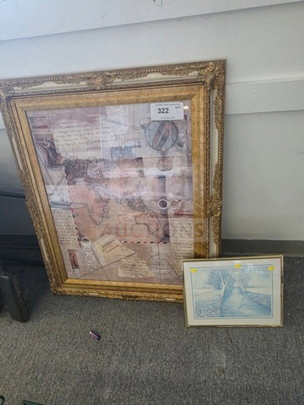 Lot of 2 framed pictures: one ornate gold frame featuring a vintage map design, and another smaller frame with a winter landscape.