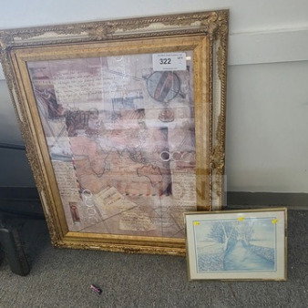 Lot of 2 framed pictures: one ornate gold frame featuring a vintage map design, and another smaller frame with a winter landscape.