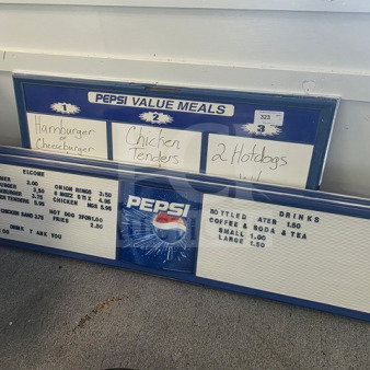 Lot of 3 vintage Pepsi menu signs, featuring interchangeable slots and handwritten food items. Signs include "Pepsi Value Meals" with pricing details. Signs show wear consistent with age and use.