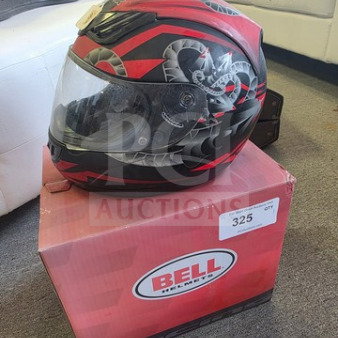 Bell full-face motorcycle helmet, red and black design, on original box. Appears in good condition with tag showing item number 325.