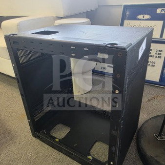 Open-frame wall-mount server rack, black metal, used condition, with ventilation slots and mounting holes.