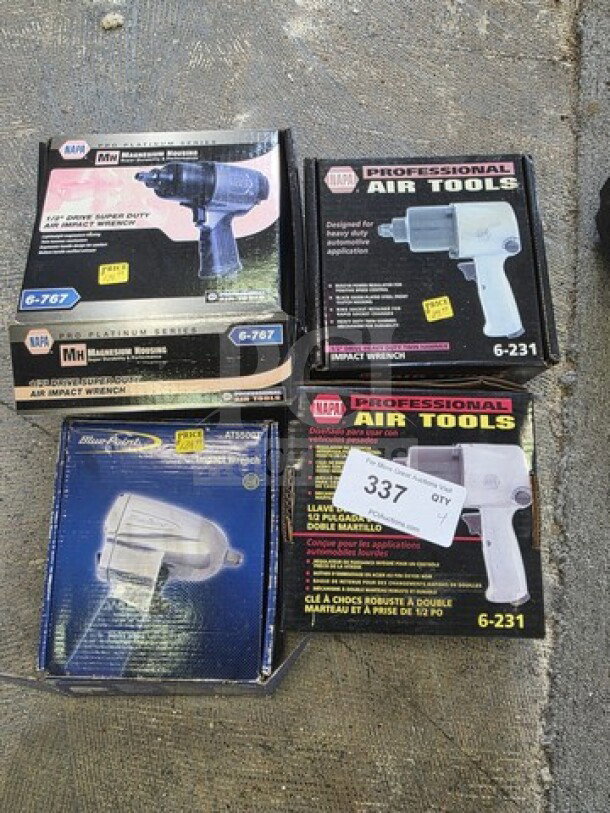 Lot of 4 impact wrenches in original boxes, brands include NAPA and Blue Point, models G-767 and G-231. Sold as is.