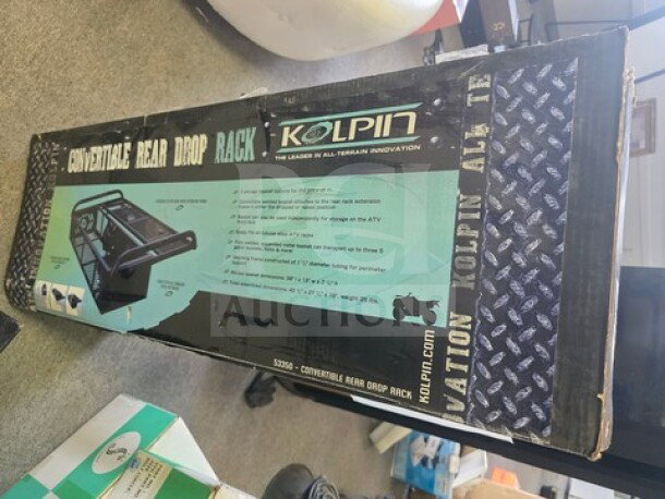 Kolpin convertible rear drop rack box for 800 Polaris Sportsman. Contains 2-piece ATV basket set. Box shows model S2505.