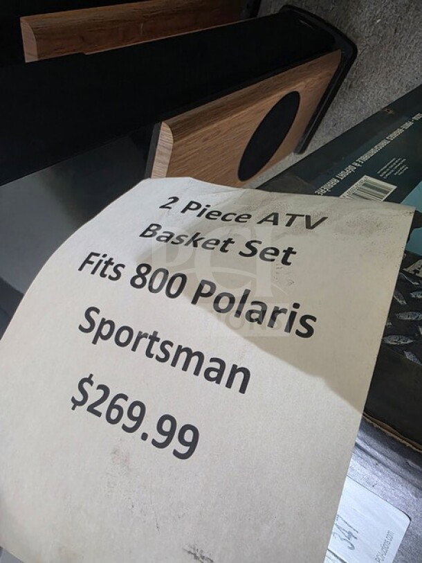 2 Piece ATV Basket Set for 800 Polaris Sportsman, priced at $269.99. Auction item label shown.