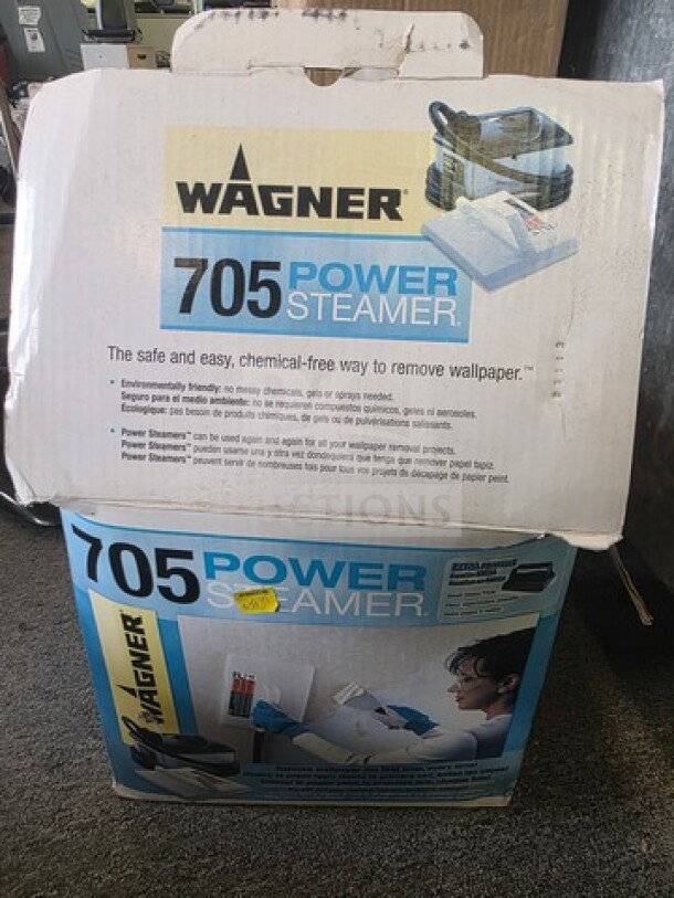 "Wagner 705 Power Steamer in original packaging. Box shows product image and features, sold as is."