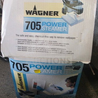 "Wagner 705 Power Steamer in original packaging. Box shows product image and features, sold as is."