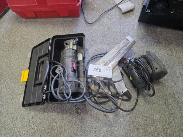 Lot of miscellaneous tools including power tools and attachments, cords tangled; sold as is, condition untested.