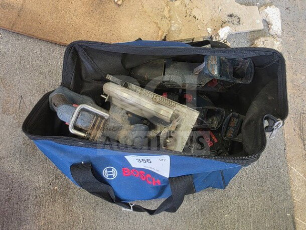 Lot of miscellaneous Bosch tools in a blue Bosch-branded tool bag, sold as is. Visible wear and dust on bag and tools.