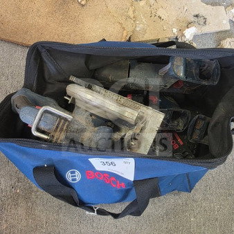 Lot of miscellaneous Bosch tools in a blue Bosch-branded tool bag, sold as is. Visible wear and dust on bag and tools.