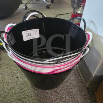 A lot of outdoor flexible storage tubs, black and pink, stacked; each with dual handles. Tag reads "369 QTY."