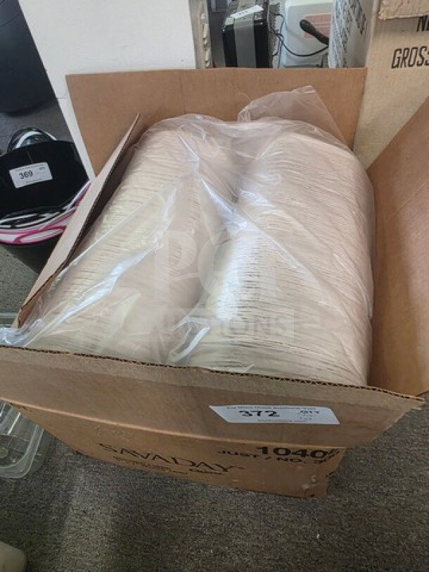 Box of molded fiber 9" x 7" white trays, packed in plastic. Tray edges visible, labeled "Lot 372," new condition.