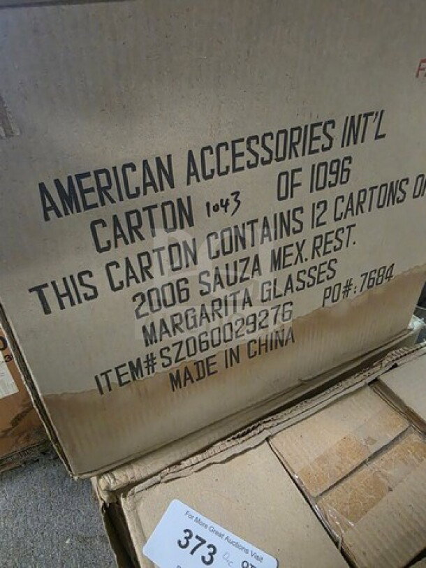 Cardboard box labeled "American Accessories Int'l, 2006 Sauza Mex. Rest. Margarita Glasses, Item# SZD60029276, Made in China."