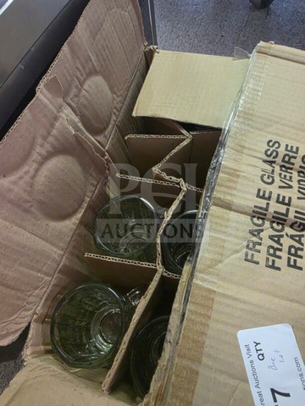 Lot of 14oz glass mugs in original packaging. Box labeled "Fragile Glass." Mugs appear intact and neatly arranged.