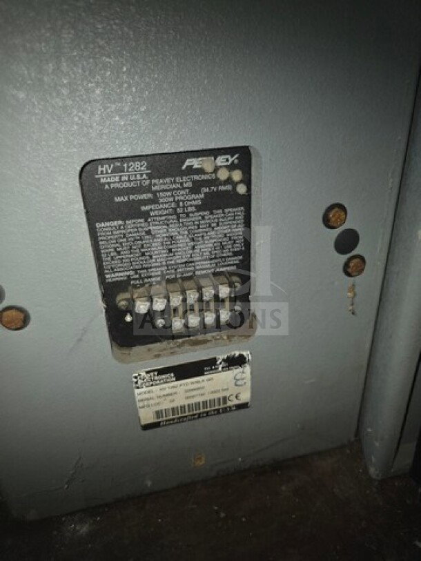 Lot of 4 Peavey Impulse 1282 speakers, back panel view showing model label and connection ports, used condition.