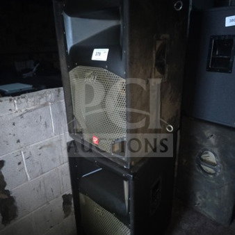 Lot of 2 Peavey SP 2 passive full-range speakers, black, showing grill design, in used condition, stacked vertically.
