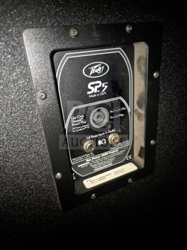 Lot of 2 speakers: Peavey SP5 with model labeling, "Made in USA," 8Ω impedance; and Wharfedale Pro. Sold as is.