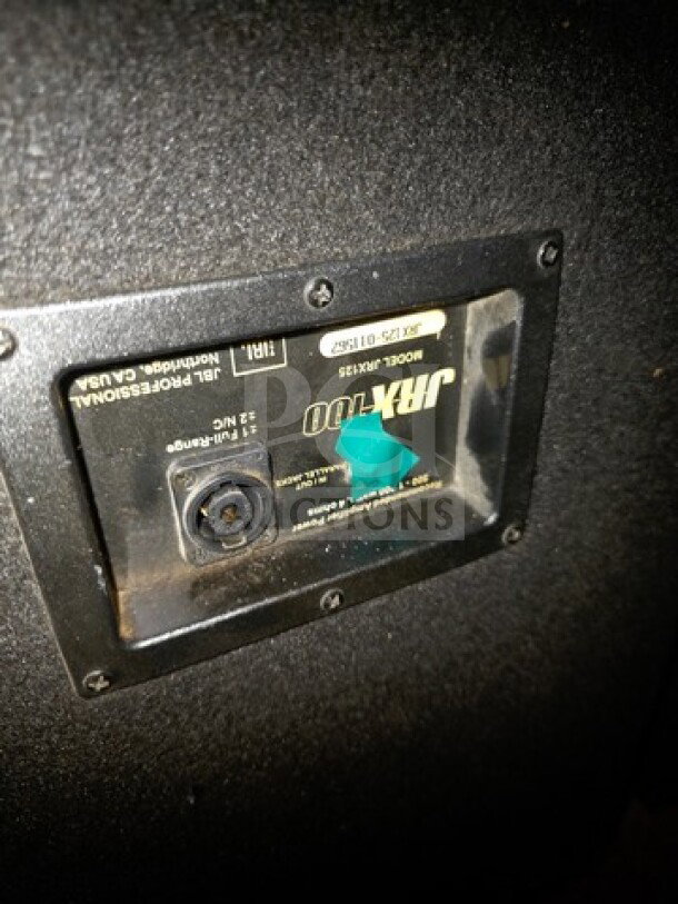 Lot of 2 JBL JRX125 dual 15-inch passive speakers, model JRX125, shown with input panel, sold as is.