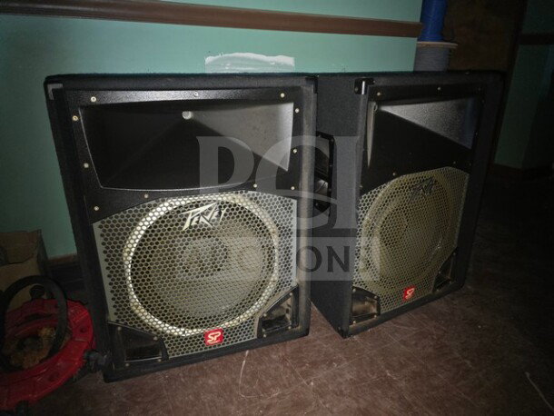 Lot of 2 Peavey SP5 PA speakers, robust design, black, visible wear, Peavey logo on grille, sold as is.
