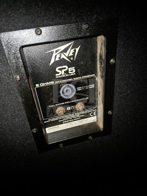 Lot of 2 Peavey SP5 PA speakers, 8 ohms, made in USA; visible connection panel with model and power details; sold as is.