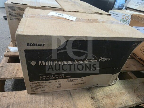 Lot of 5 Ecolab Multi Purpose Disinfecting Wipes boxes. Each box contains 6 canisters, 150 wipes per canister.