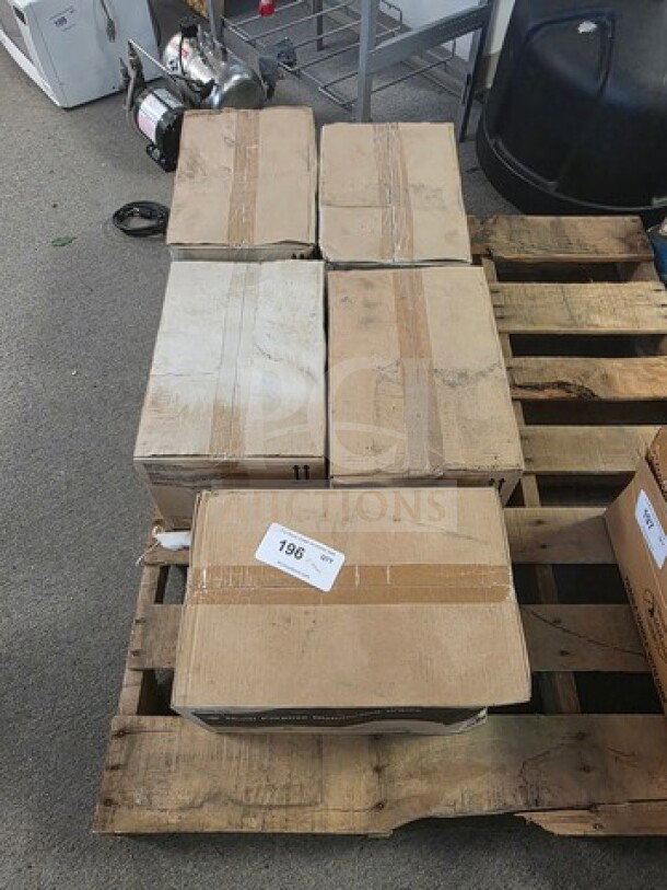 Lot of 5 boxes of multi-purpose disinfecting wipes on a pallet, sealed in brown cardboard, box labeled "196".