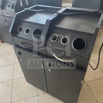 Lot of 4 black salon trollies, featuring multiple compartments and tool holders. Slight signs of wear visible.