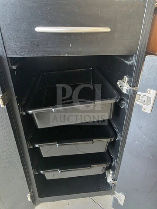 Lot of 4 salon trollies with multiple black trays in a cabinet, featuring silver handle and hinges, in used condition.