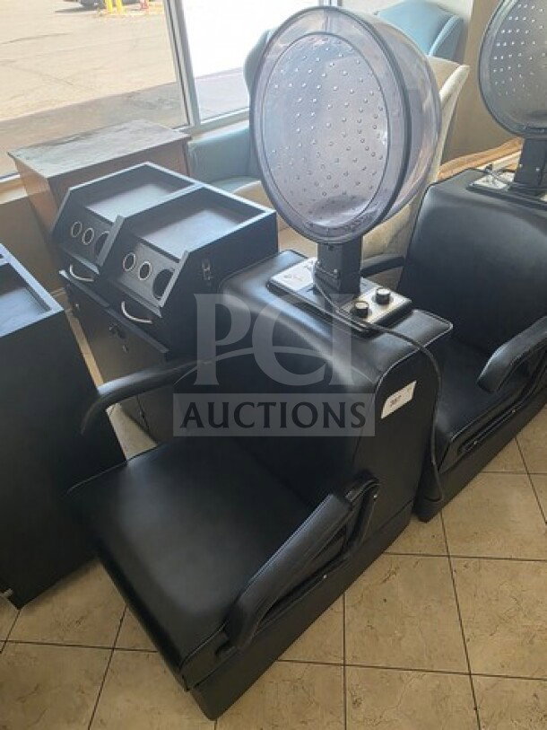 Black X-TRA Hot Professional Salon Dryer chair with attached hooded dryer, in used condition.