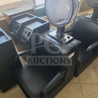 Black X-TRA Hot Professional Salon Dryer chair with attached hooded dryer, in used condition.
