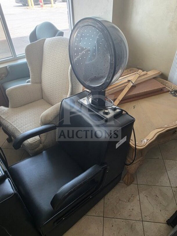 X-TRA Hot Professional Salon Dryer with attached chair, black upholstery, used condition, visible controls and dome hood.