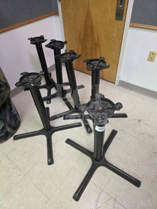 Lot of 6 black metal table bases, sturdy design, 30x30 bottom base, ideal for various table tops.