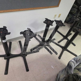 Lot of 6 metal table bases, black finish, one base measuring 30x30 inches. Good condition, suitable for café tables.