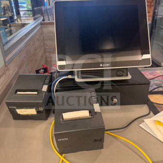 Point of Sale (POS) system with PAR monitor, cash drawer, three Epson receipt printers, and payment terminal. Untested.