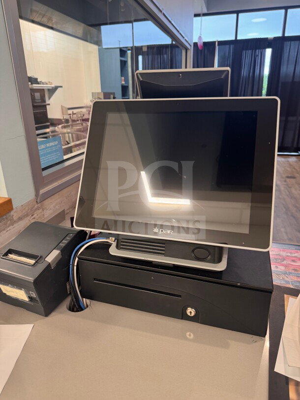 POS system with cash drawer, three receipt printers, and payment terminal; untested, sold as-is. Includes power cables.