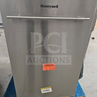 Honeywell residential dishwasher, stainless steel, new-open box, front view with visible labels and barcodes.