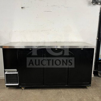 Dukers Back Bar Beverage Cooler DBB72, black with three doors, stainless steel top, caster wheels, and intact exterior. Ideal for commercial use.