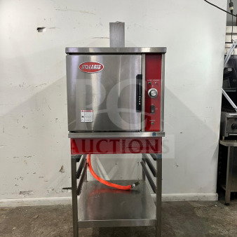 SOLARIS SX-5GR convection steamer, stainless steel, natural gas, approx. 42,000-47,000 BTU, includes cooling racks on stand.