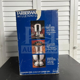 Farberware Millennium 12-36 Cup Stainless Electric Urn FSU236, new in box, features include non-drip spigot and indicator light.