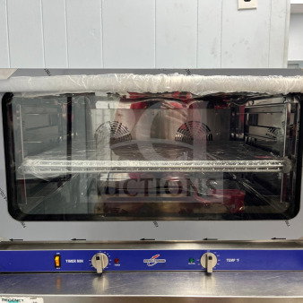 ROCKET ENCOV-38 countertop convection oven, glass door, full size, 208/204V, new condition, visible controls for time and temperature.