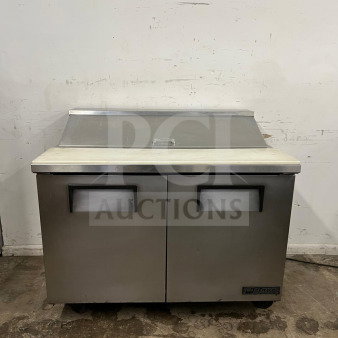 TRUE TSSU-48-12-HC stainless steel sandwich salad prep unit, holds twelve 1/6 pans, dual doors, used, 12 CuFt capacity.