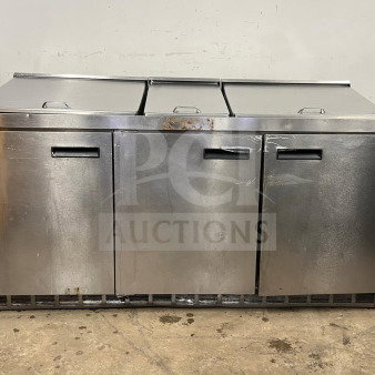 72" stainless steel sandwich/salad prep table with refrigerated base, three compartments, some surface wear visible.