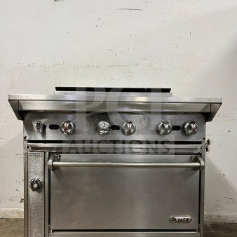 "Supreme" Heavy-Duty Jade JSR-6-36 6-Burner Gas Range with Oven, stainless steel, visible knobs, Jade logo on oven door.