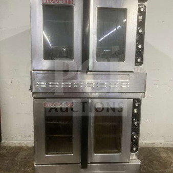 Blodgett commercial stainless steel propane double stack convection oven with solid state thermostat, wired rack, and legs.