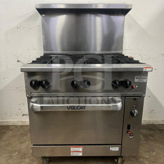 VULCAN 36S-6B 36" 6 burner gas range with standard oven, natural gas. Stainless steel, excellent condition. Model 36S-6B.