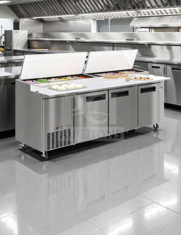 KoolMore KM-RPPS-3DSS 72" pizza prep table, 3-section, stainless steel, pristine condition, brand new, fully tested.