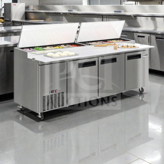 KoolMore KM-RPPS-3DSS 72" pizza prep table, 3-section, stainless steel, pristine condition, brand new, fully tested.