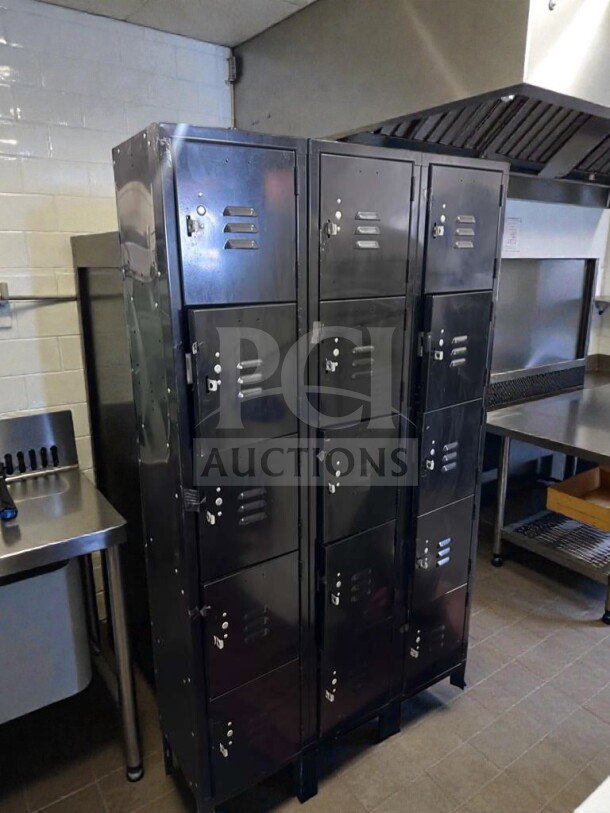 Industrial Steel 12-door locker cabinet, premium condition, heavy-duty metal, model OAS-M-LOCK-0506. Ideal for commercial use.