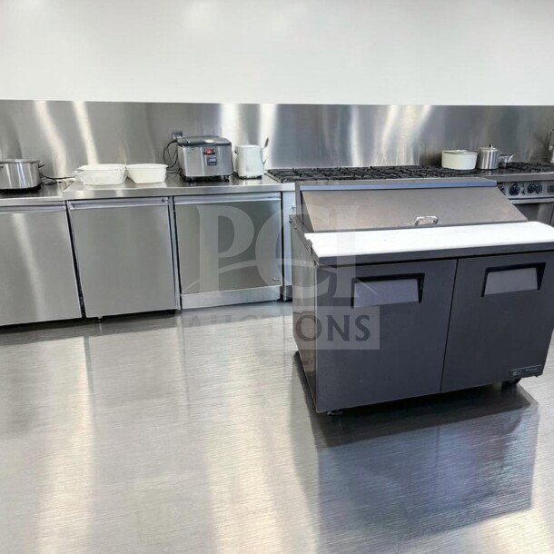 Top-tier True TSSU-48-12-HC sandwich/salad prep table, 48", refrigerated base, excellent condition, fully tested, 115V.