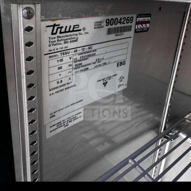 True TSSU-48-12-HC Sandwich/Salad Prep Table label, model and serial details visible, made in USA.